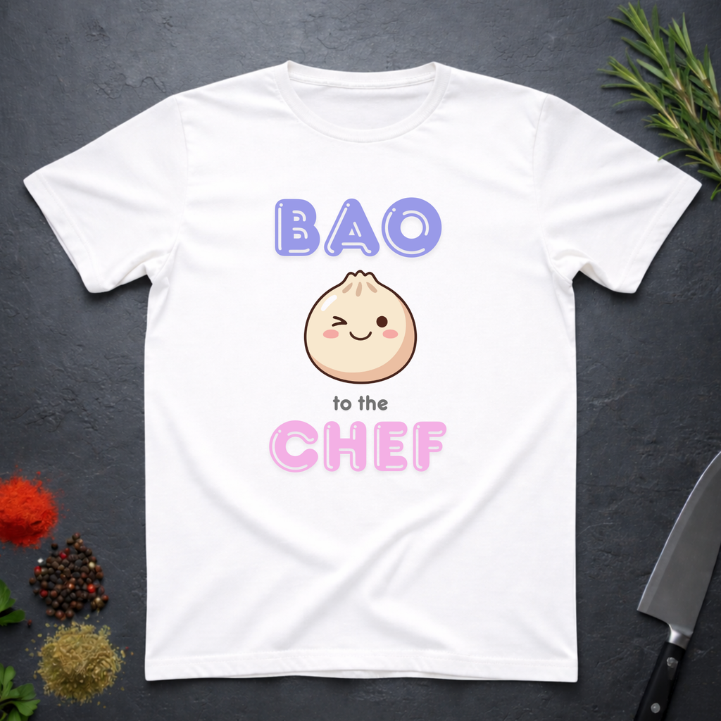 White t-shirt with cartoon bun and text 'BAO to the CHEF' on a dark surface with kitchen items.