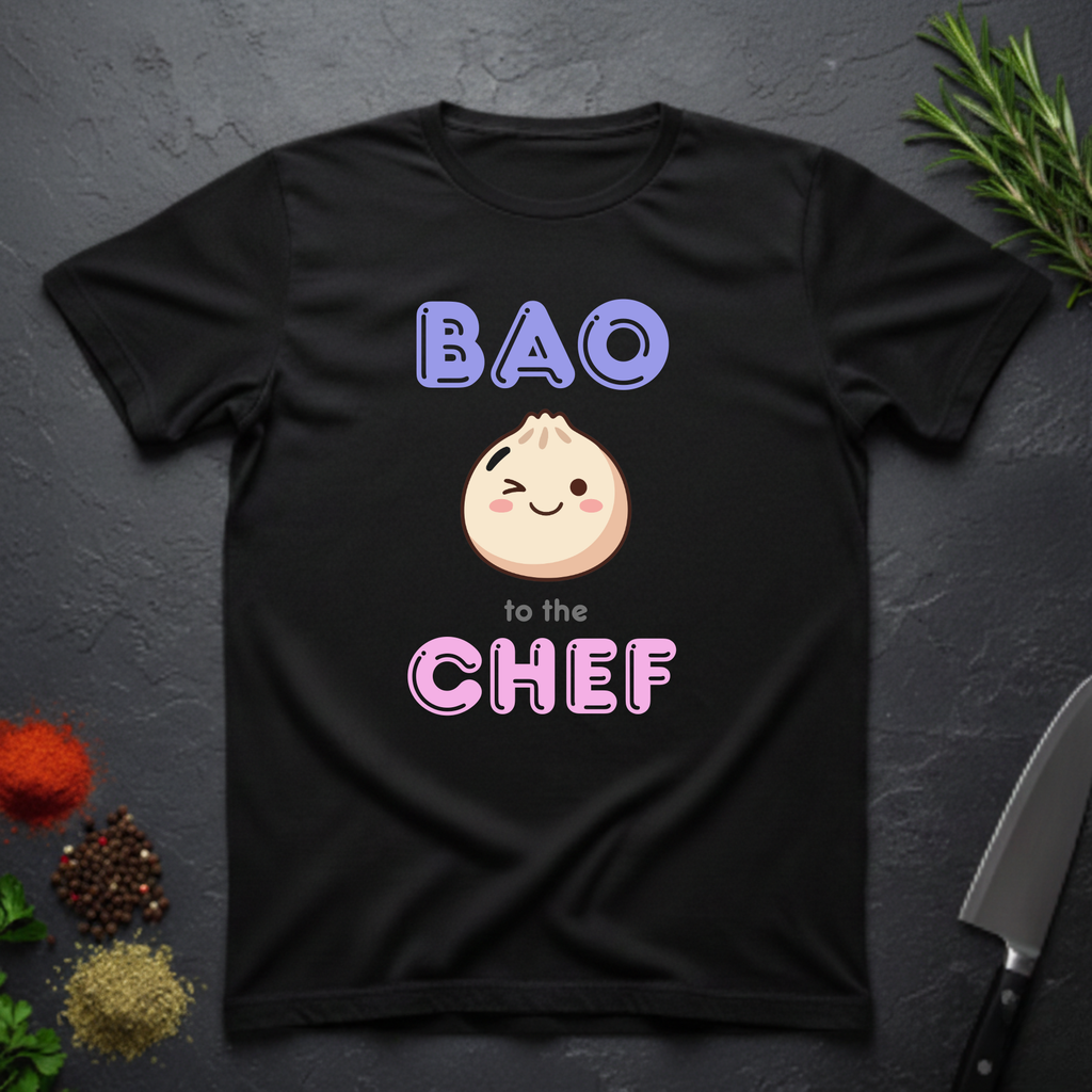 Black t-shirt with a cartoon bao bun graphic and text 'BAO to the CHEF' on a dark surface.