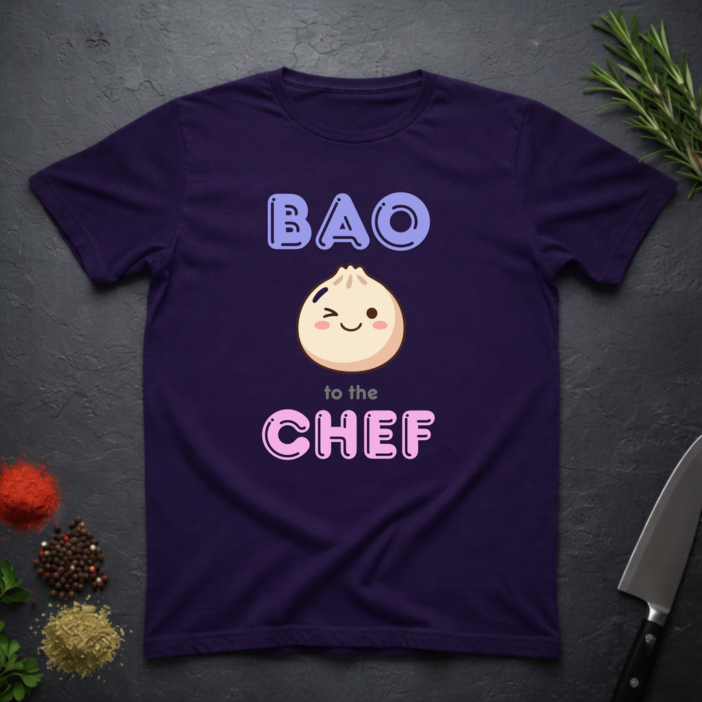 Purple t-shirt with a cartoon dumpling graphic and text on a dark surface.