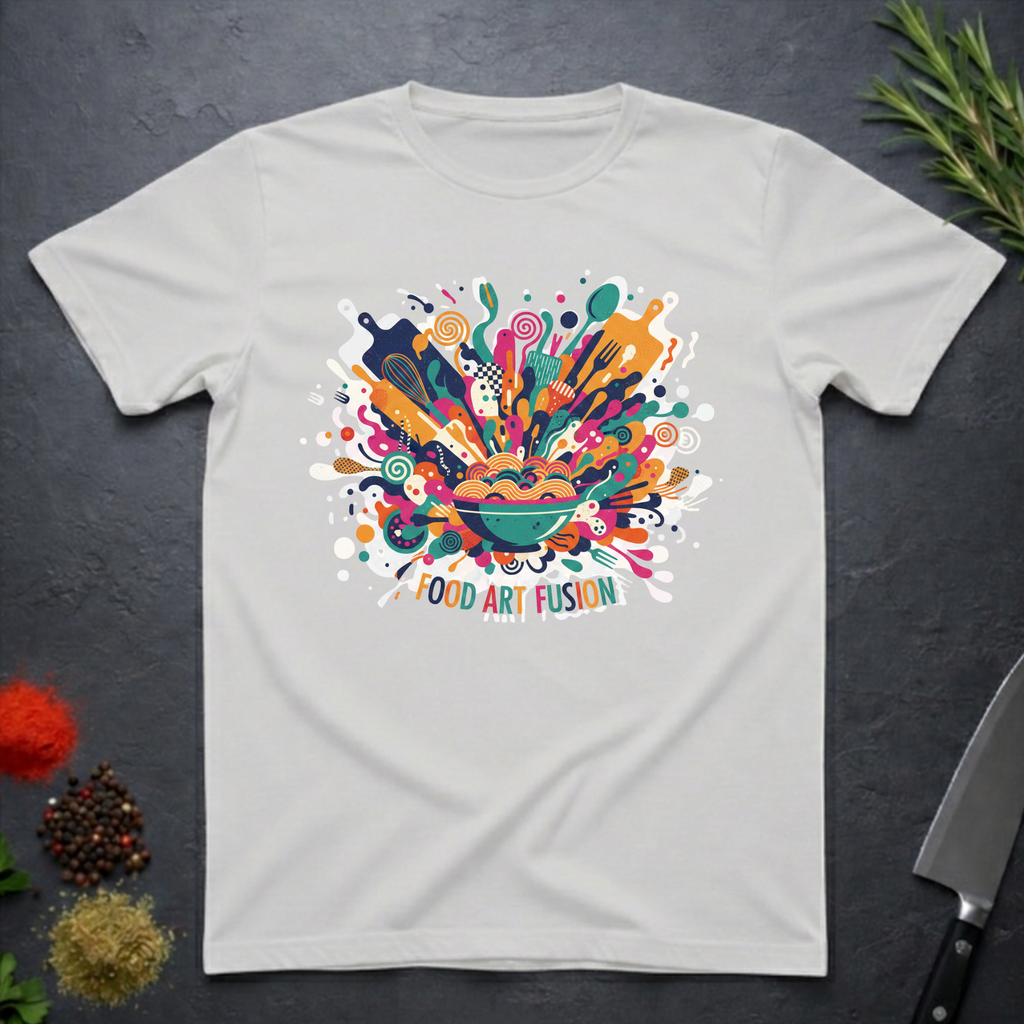 Ice Grey t-shirt with a colorful abstract culinary design with text "Food Art Fusion" on a dark surface.