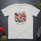 Ice Grey t-shirt with a colorful abstract culinary design with text "Food Art Fusion" on a dark surface.