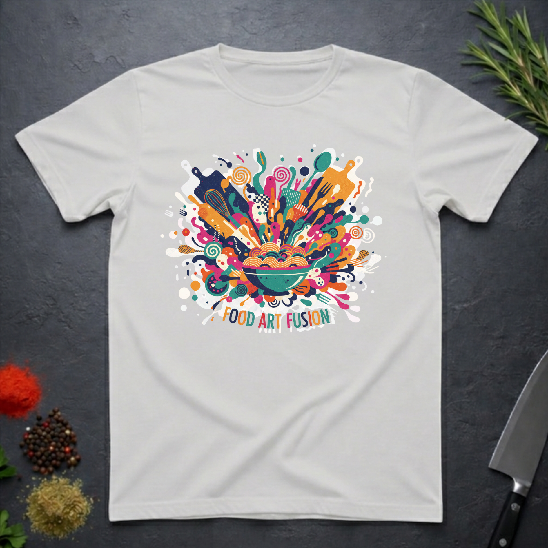 Ice Grey t-shirt with a colorful abstract culinary design with text "Food Art Fusion" on a dark surface.