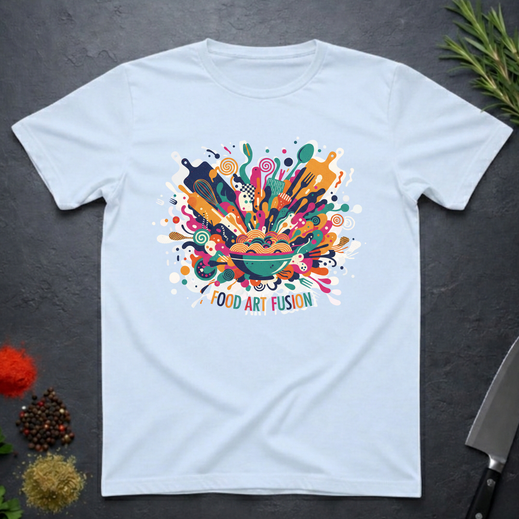 Light Blue t-shirt with a colorful abstract culinary design with text "Food Art Fusion" on a dark surface.
