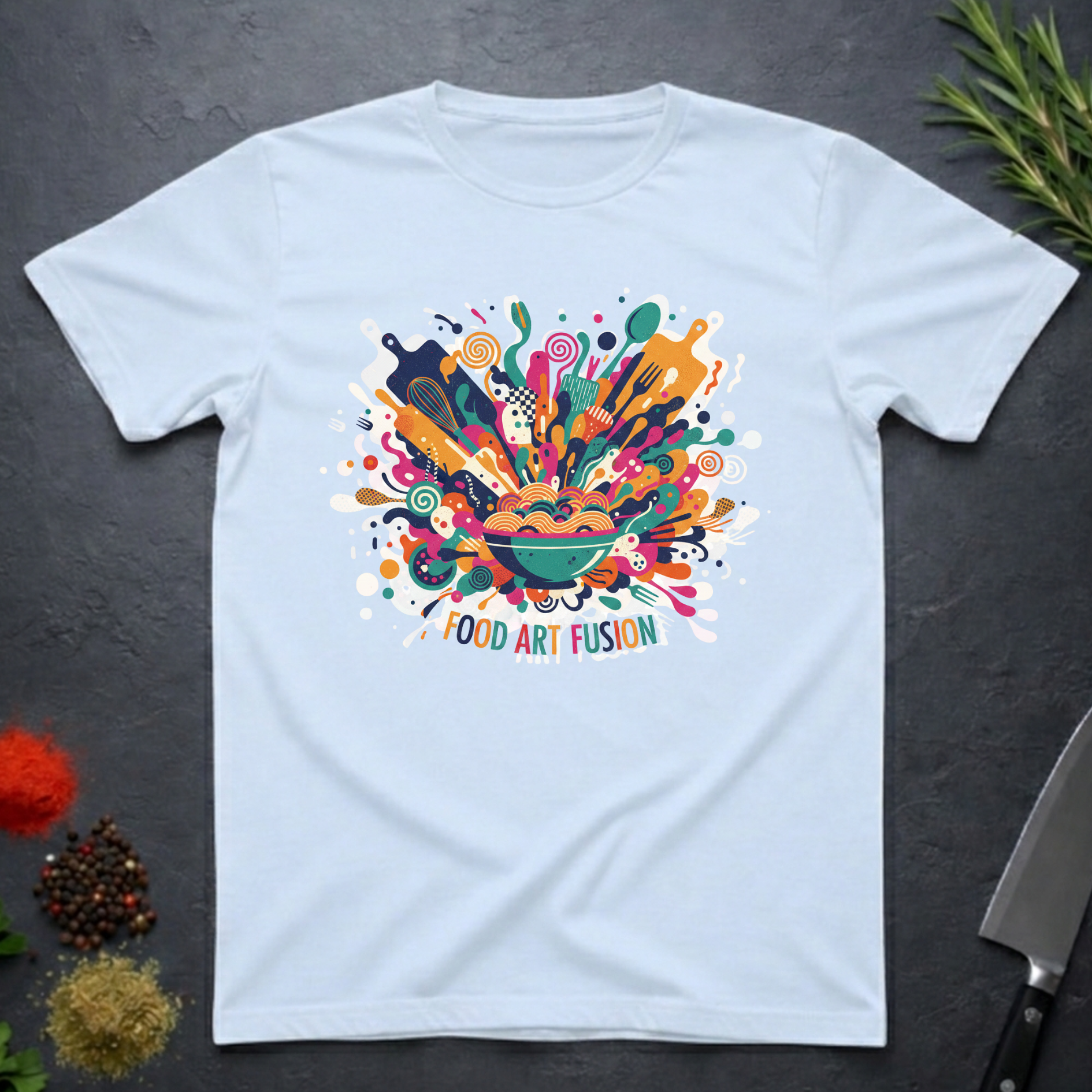 Light Blue t-shirt with a colorful abstract culinary design with text "Food Art Fusion" on a dark surface.
