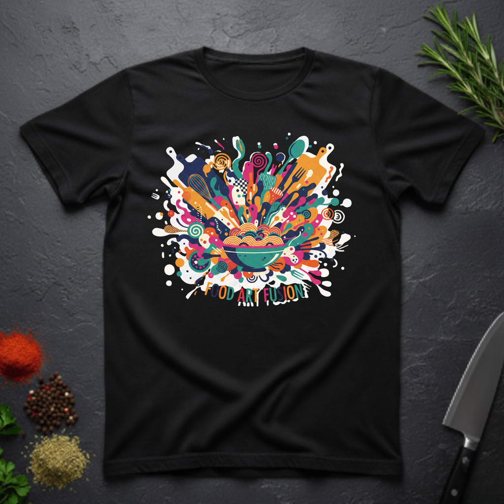 Black t-shirt with a colorful abstract culinary design with text "Food Art Fusion" on a dark surface.