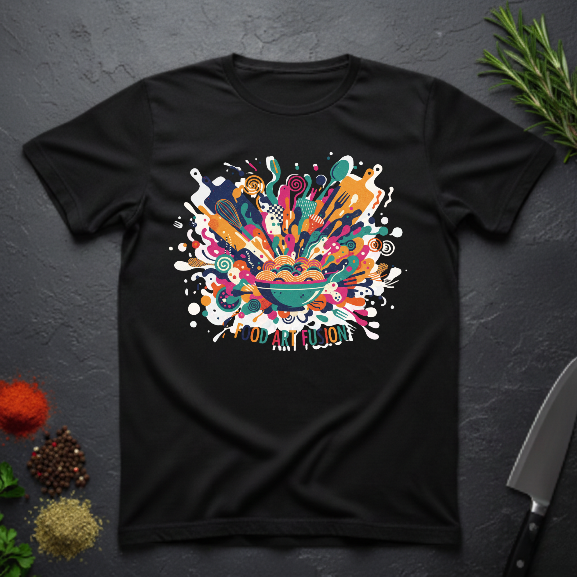 Black t-shirt with a colorful abstract culinary design with text "Food Art Fusion" on a dark surface.