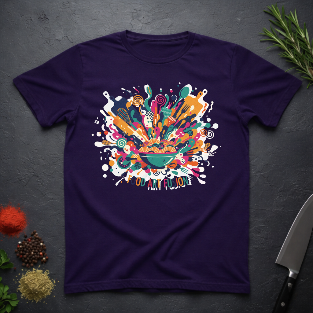 Purple t-shirt with a colorful abstract culinary design with text "Food Art Fusion" on a dark surface.