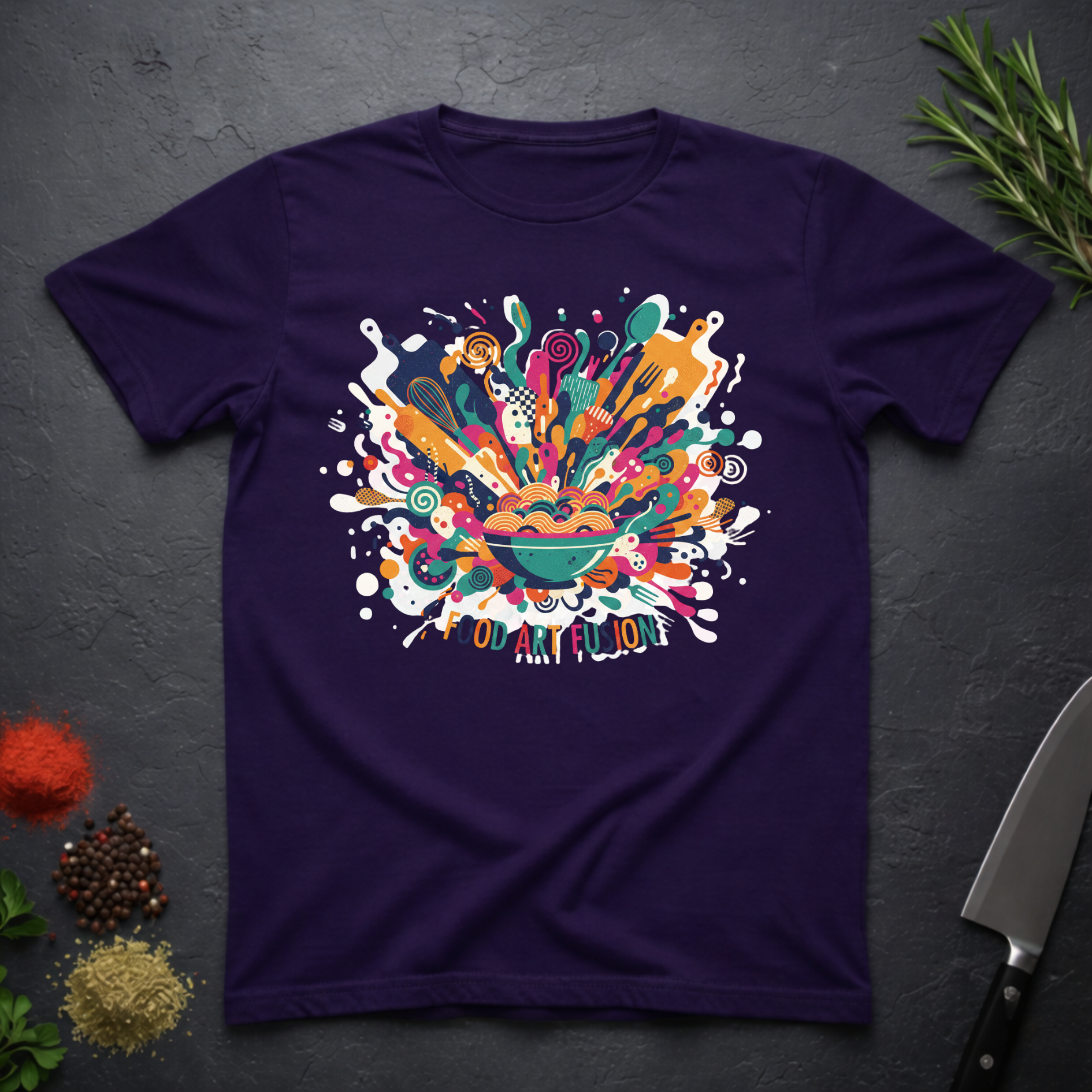 Purple t-shirt with a colorful abstract culinary design with text "Food Art Fusion" on a dark surface.