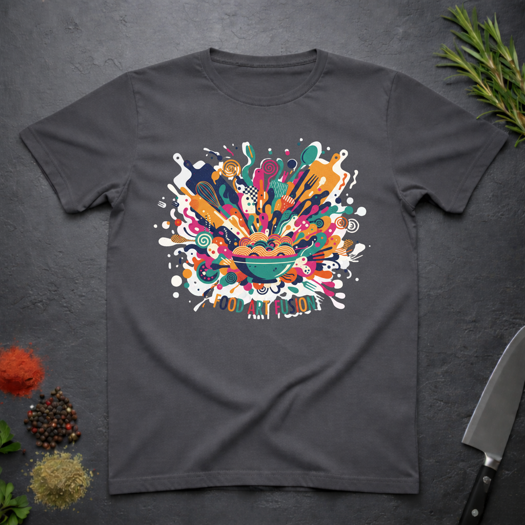 Charcoal Gray t-shirt with a colorful abstract culinary design with text "Food Art Fusion" on a dark surface.