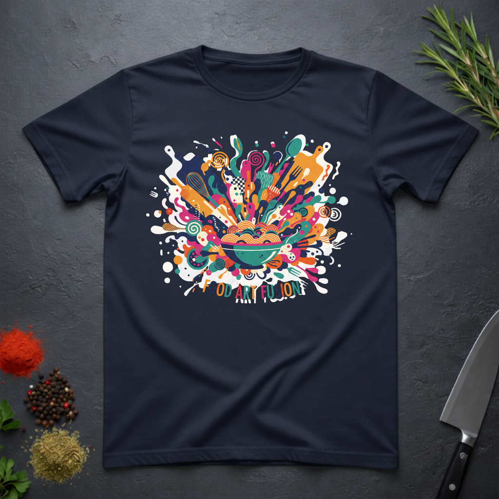 Navy Blue t-shirt with a colorful abstract culinary design with text "Food Art Fusion" on a dark surface.
