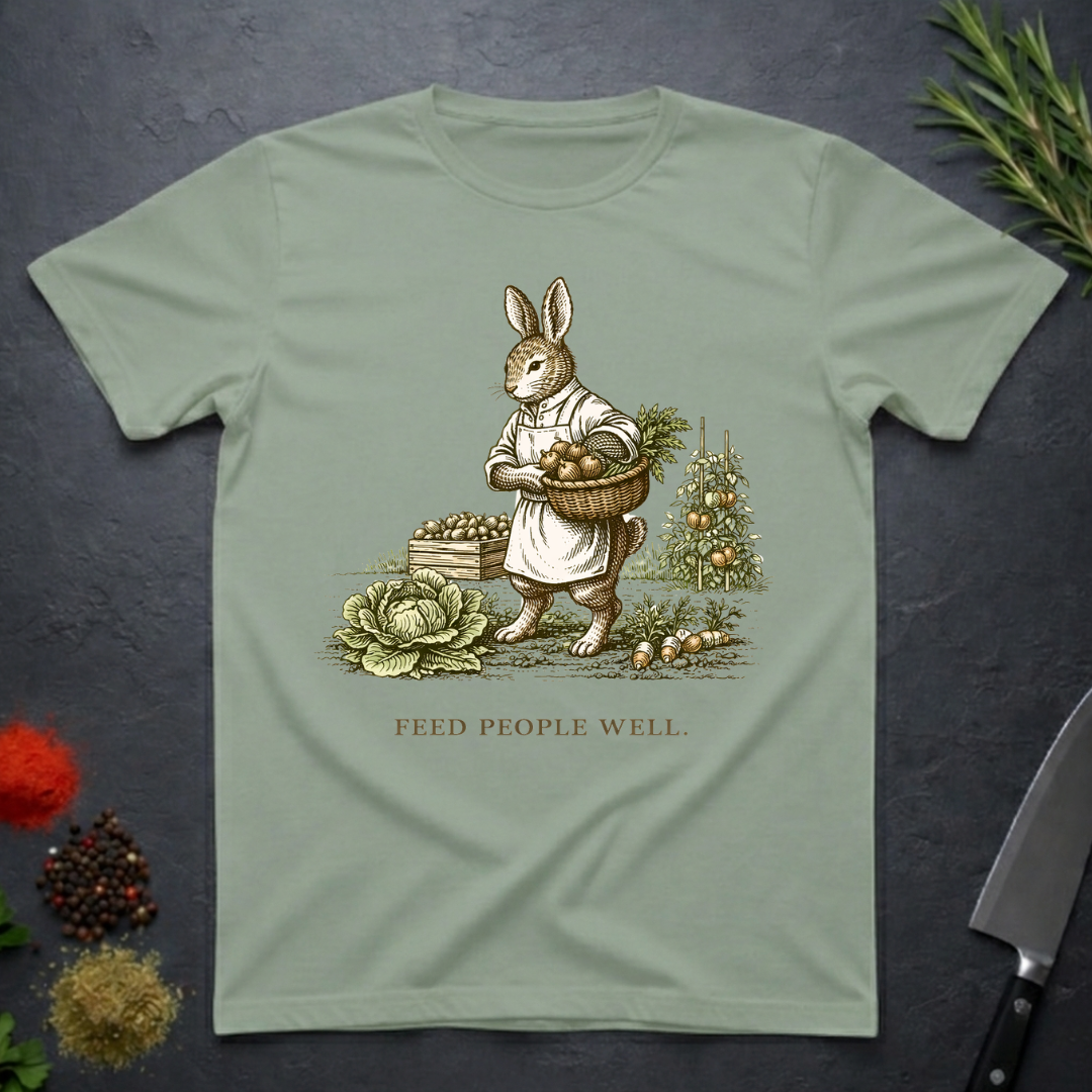 Sage green t-shirt with a rabbit illustration and 'Feed People Well' text on a dark surface.