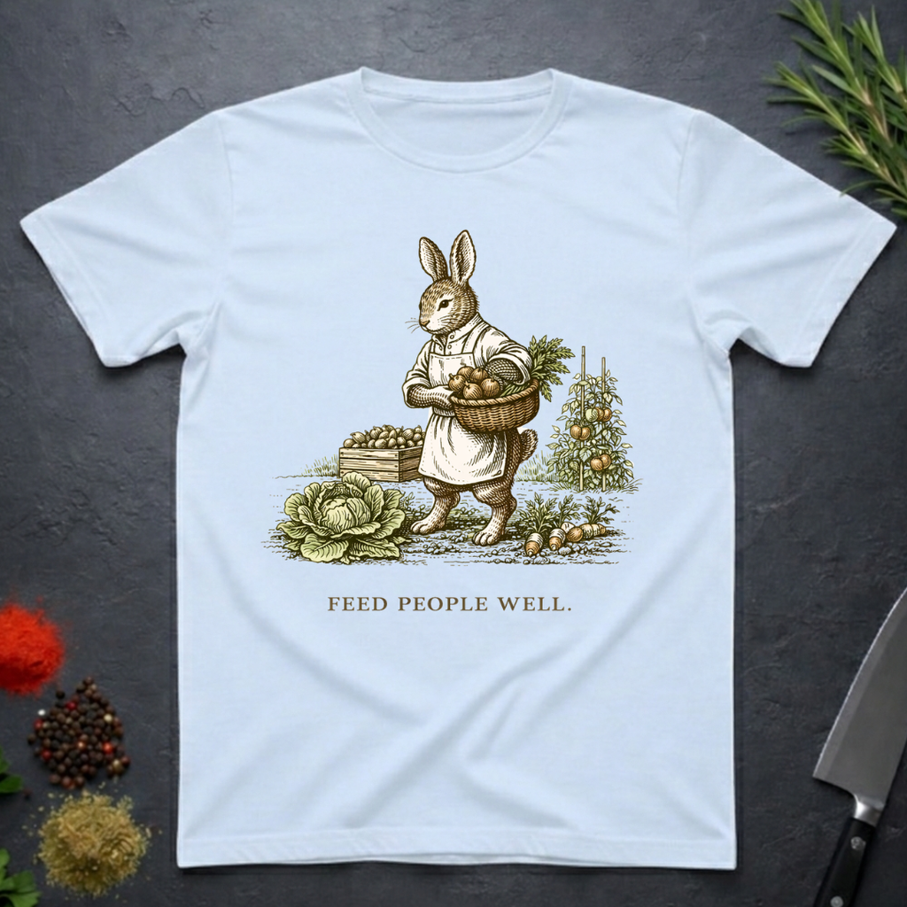Light blue t-shirt with a graphic of a rabbit holding a basket of food and the text 'Feed People Well' on a dark surface.