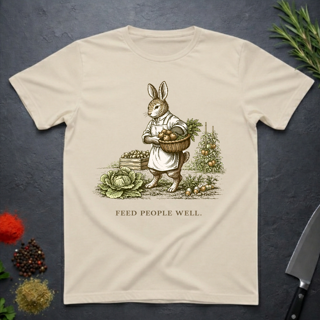 Sand colored t-shirt with a printed design of a rabbit holding a basket of vegetables and the text 'Feed People Well' on a dark surface.