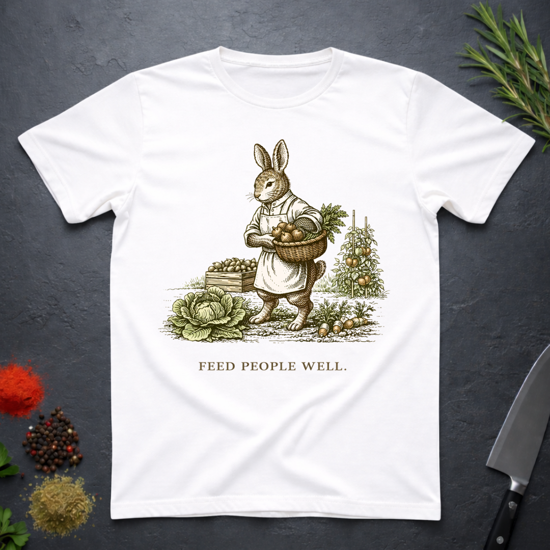 White t-shirt with a graphic of a rabbit holding a basket of vegetables and the text 'Feed People Well' on a dark surface.