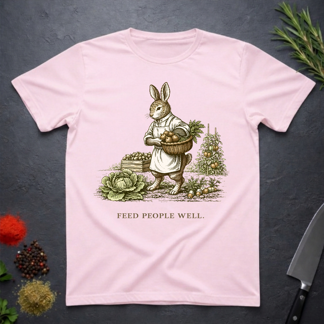 Light pink t-shirt with a rabbit illustration and 'Feed People Well' text on a dark surface.