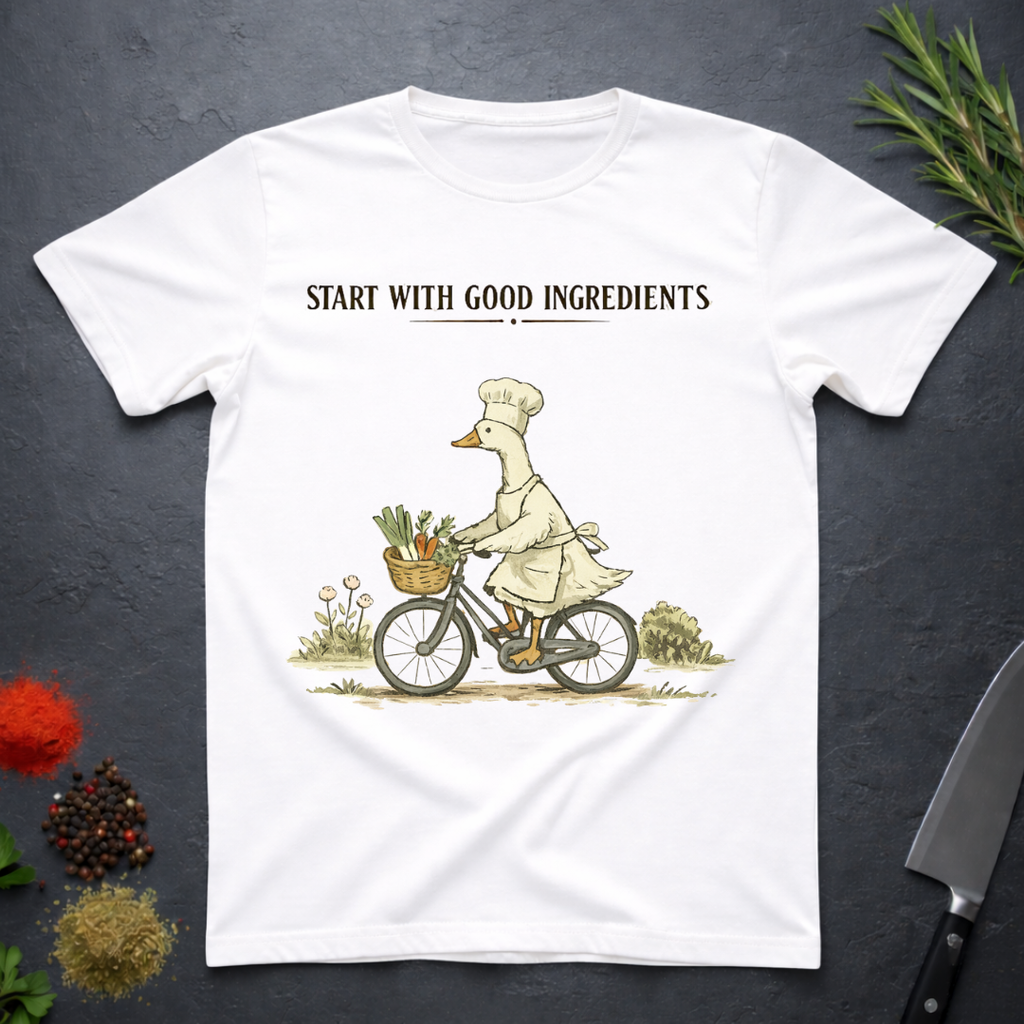 White t-shirt with a graphic of a goose chef riding a bike with vegetables in basket. Text "Start with Good Ingredients" above graphic. 