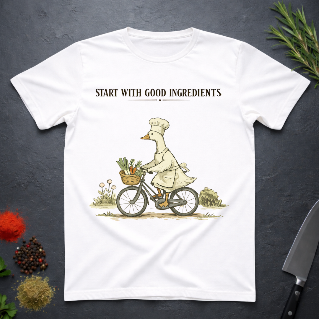 White t-shirt with a graphic of a goose chef riding a bike with vegetables in basket. Text "Start with Good Ingredients" above graphic. 