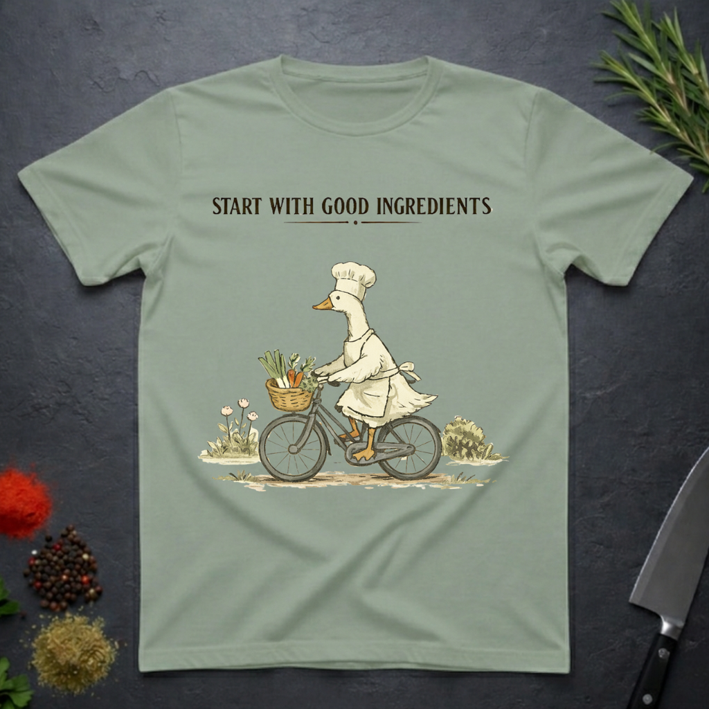 Sage Green t-shirt with a graphic of a goose chef riding a bike with vegetables in basket. Text "Start with Good Ingredients" above graphic. 