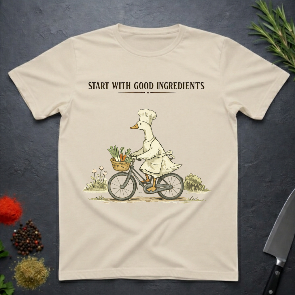 Sand colored t-shirt with a graphic of a goose chef riding a bike with vegetables in basket. Text "Start with Good Ingredients" above graphic. 