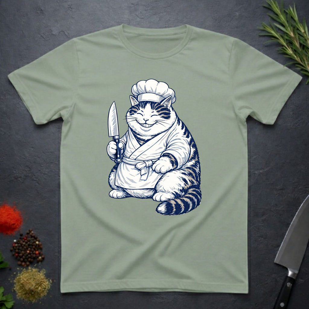 Sage green t-shirt with a navy and white Cheshire chef cat graphic holding a knife on a dark surface.