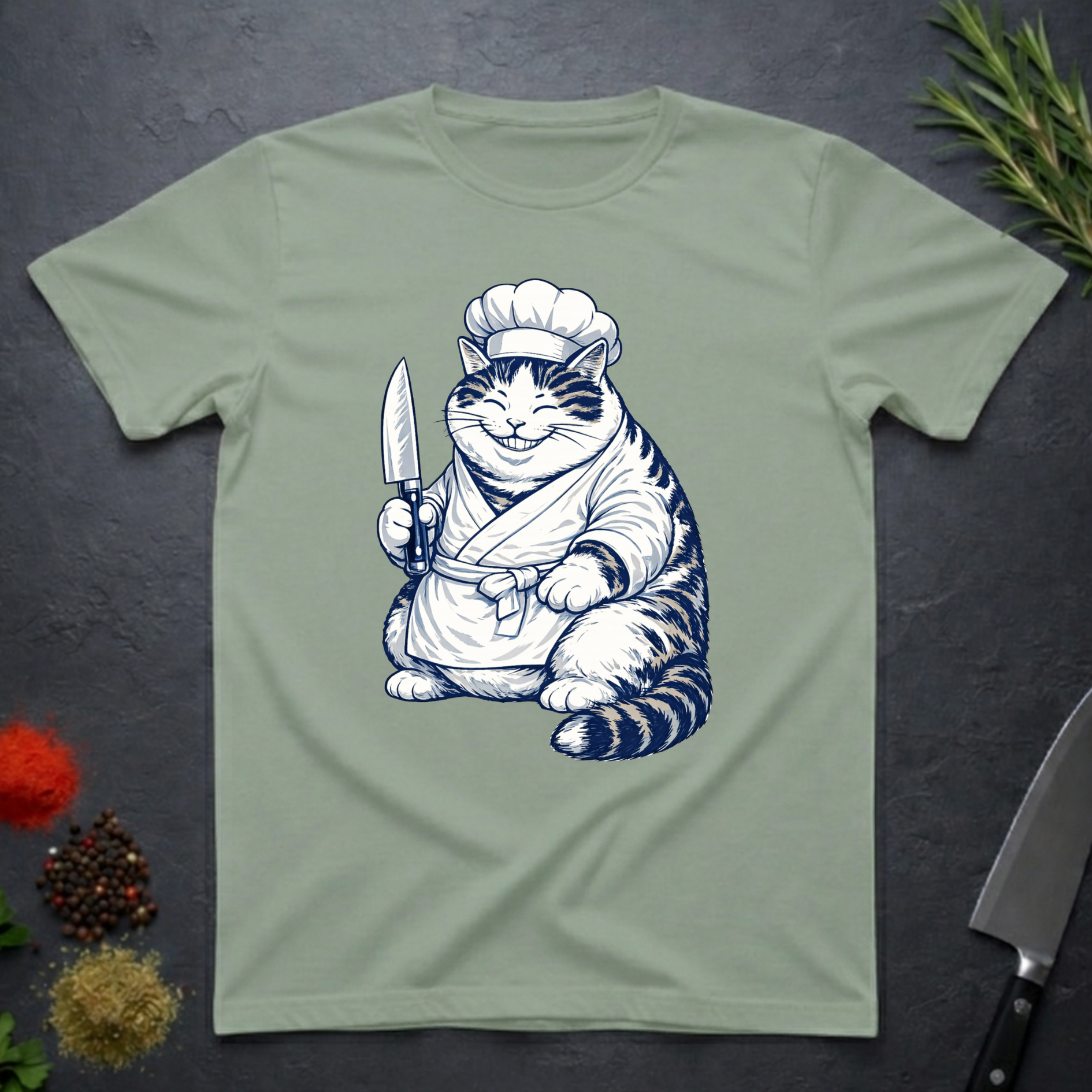 Sage green t-shirt with a navy and white Cheshire chef cat graphic holding a knife on a dark surface.