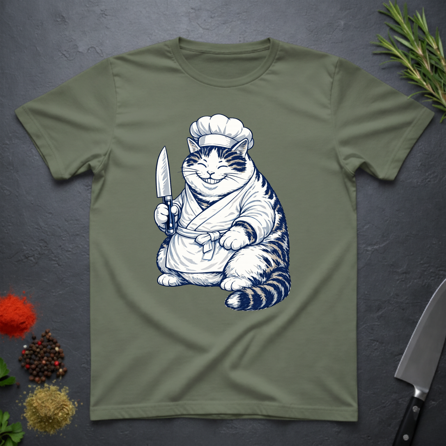 Military green t-shirt with a navy and white Cheshire chef cat graphic holding a knife on a dark surface.