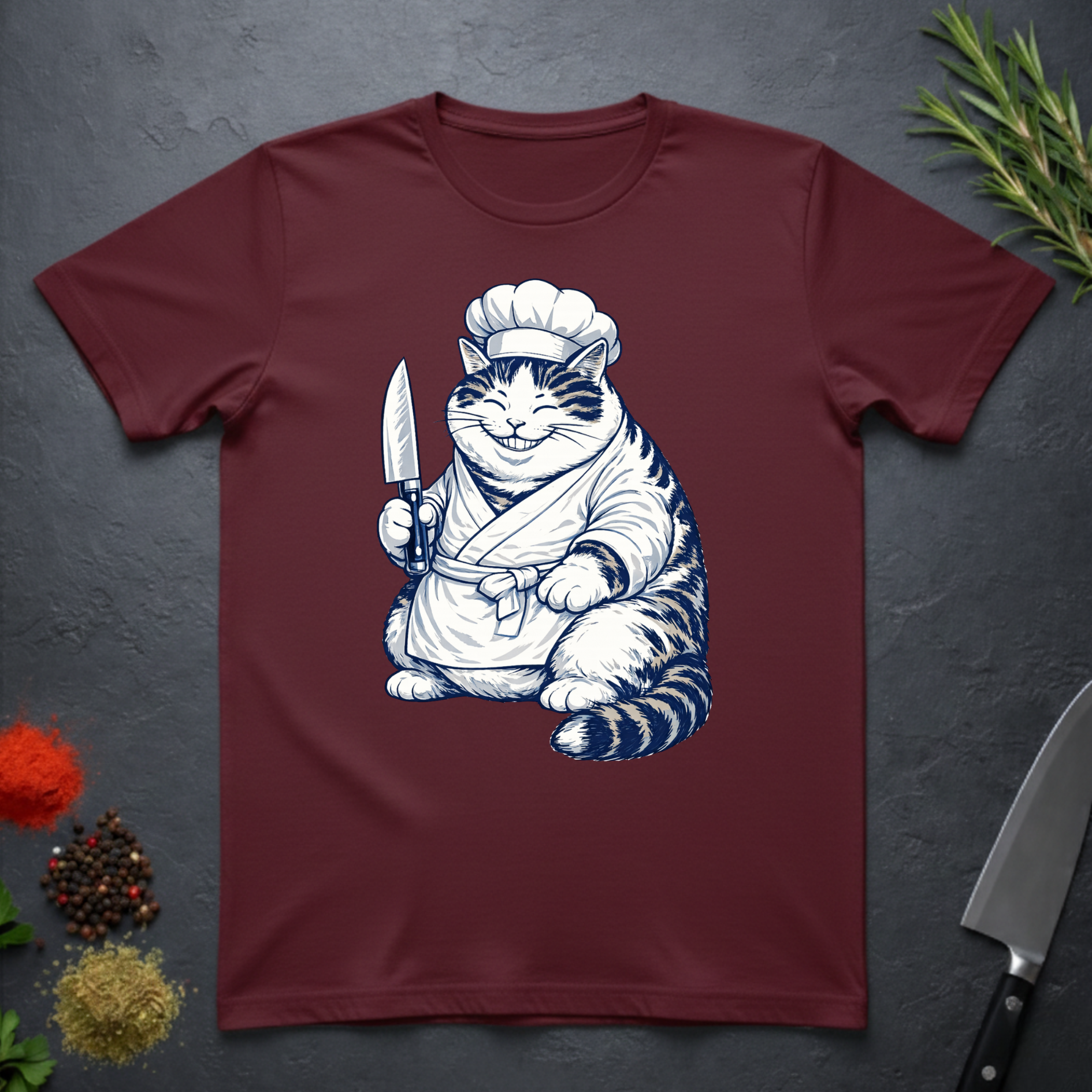 Maroon t-shirt with a navy and white Cheshire chef cat graphic holding a knife on a dark surface.