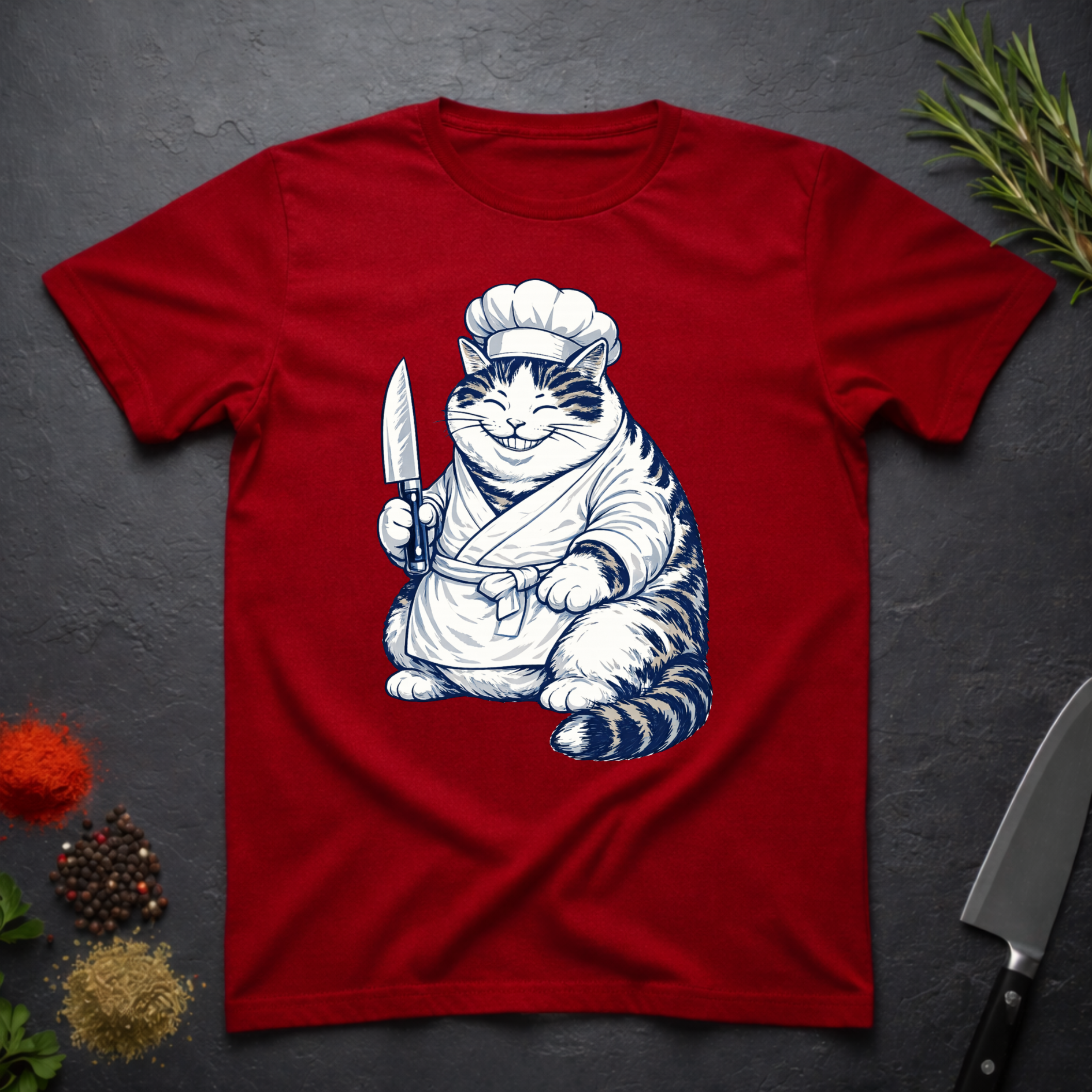 Cherry red t-shirt with a navy and white Cheshire chef cat graphic holding a knife on a dark surface.