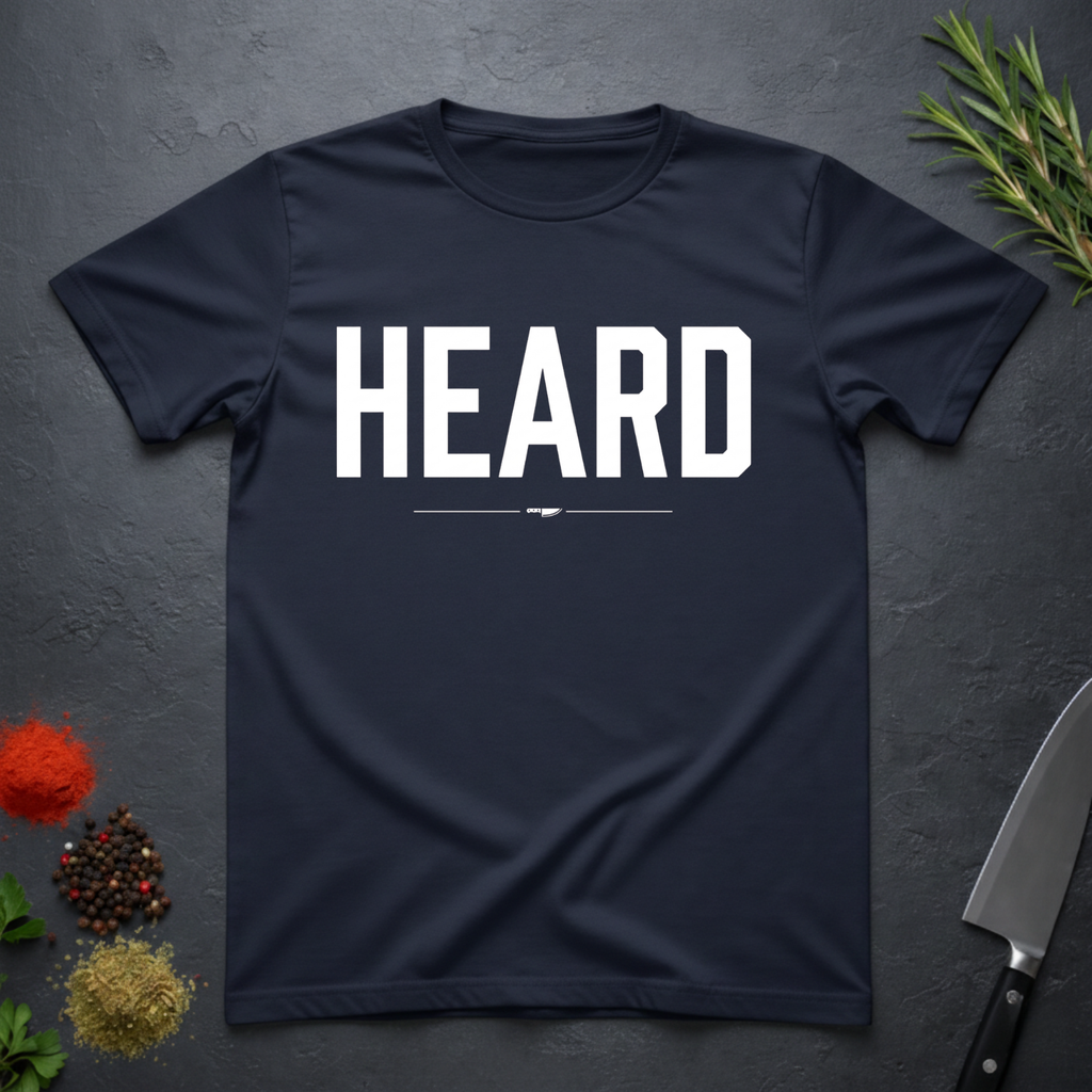 Navy Blue t-shirt with 'HEARD' in bold white text, placed on a dark surface with decorative elements.