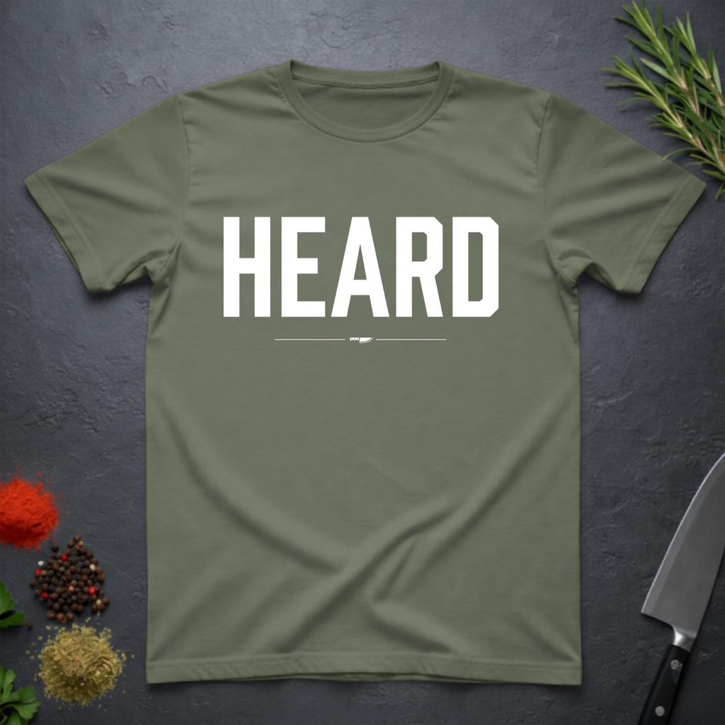 Military Green t-shirt with 'HEARD' in bold white text, placed on a dark surface with decorative elements.