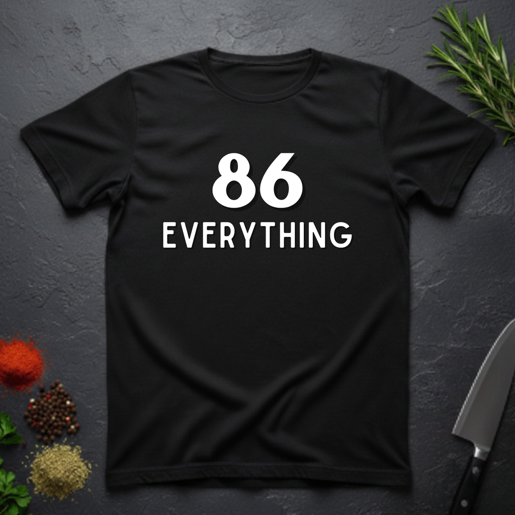 Black t-shirt with '86 Everything' text on a dark surface with decorative elements.