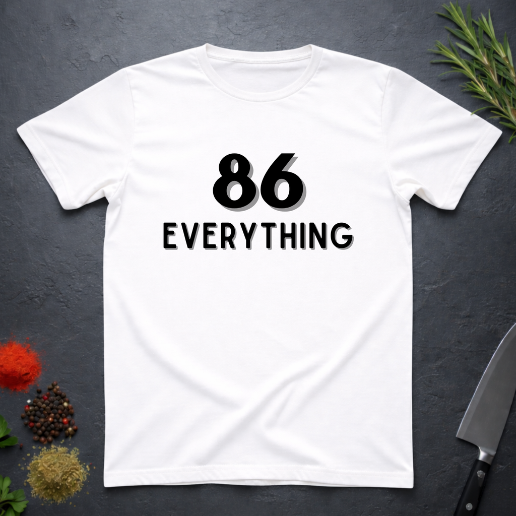 White t-shirt with '86 EVERYTHING' text on a dark surface with decorative elements.