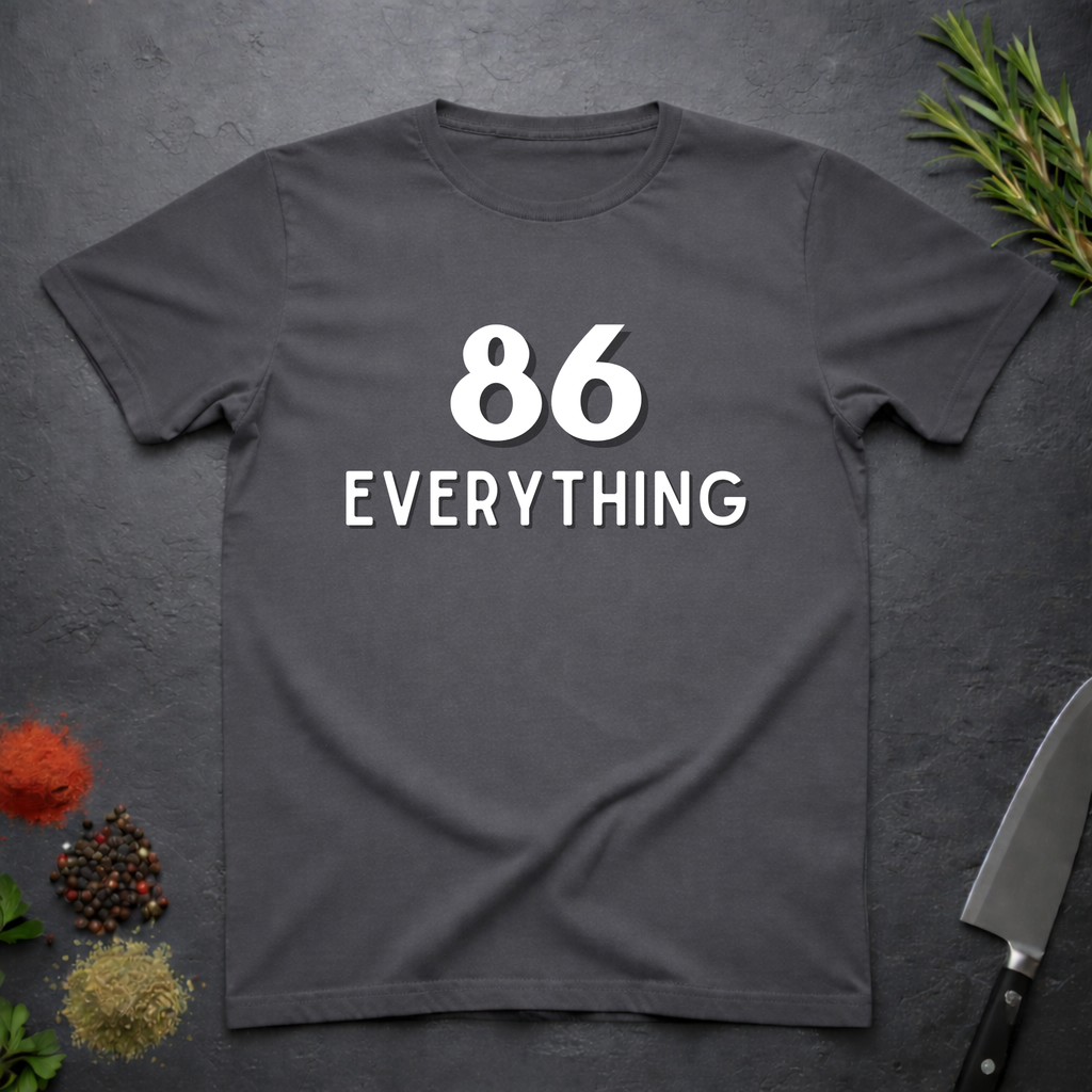 Charcoal Gray t-shirt with '86 Everything' text on a dark surface with decorative elements.