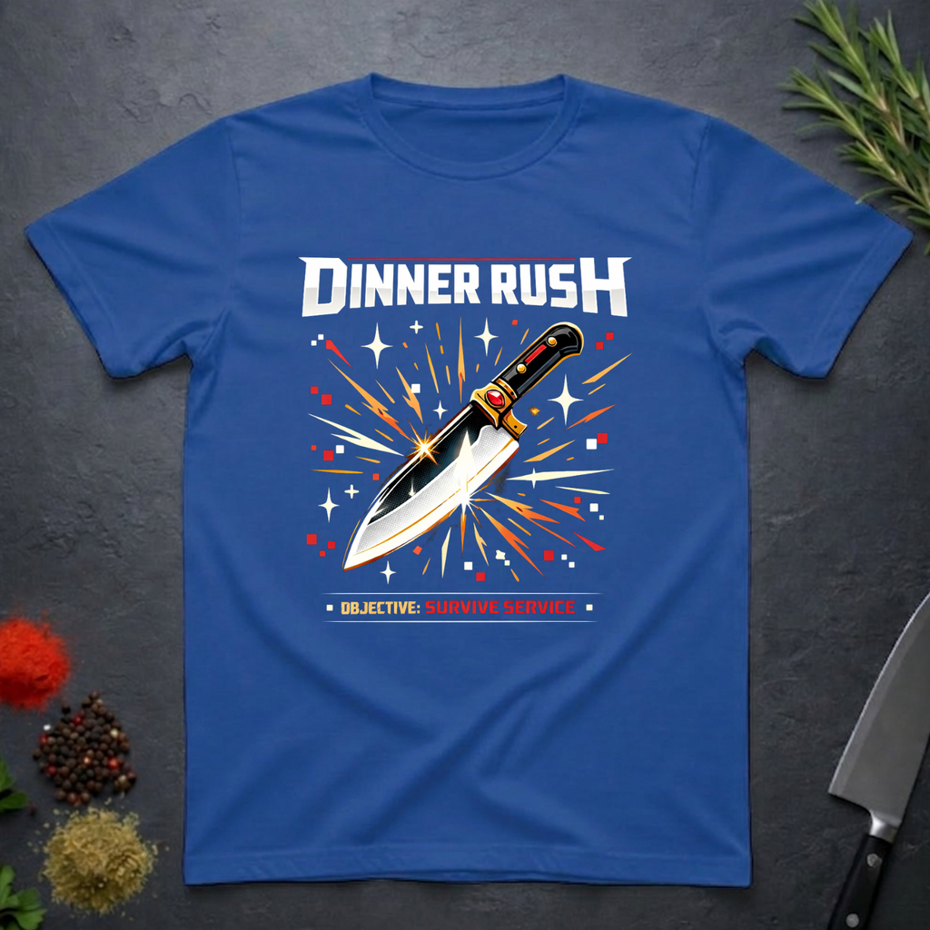 Royal Blue t-shirt with a knife gamming graphic and 'Dinner Rush' text on a dark surface.