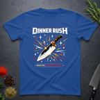 Royal Blue t-shirt with a knife gamming graphic and 'Dinner Rush' text on a dark surface.