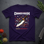 Purple t-shirt with 'Dinner Rush' gaming graphic design featuring a knife and fireworks on a dark surface.