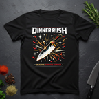 Black t-shirt with 'Dinner Rush' gaming graphic design featuring a knife on a dark surface.