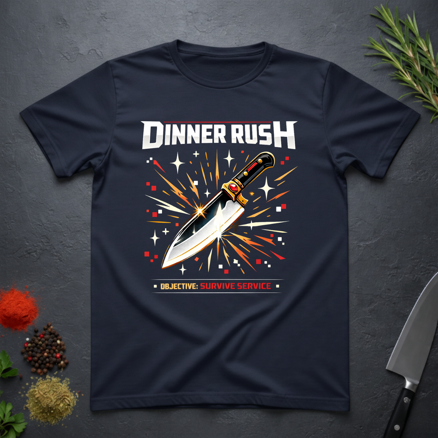 Navy blue t-shirt with 'Dinner Rush' gamming graphic design featuring a knife on a dark surface.