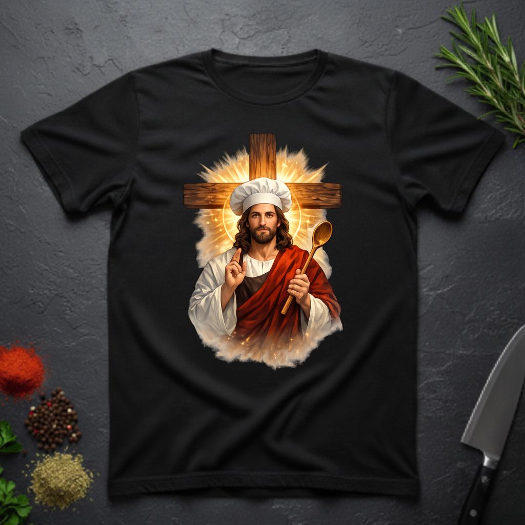 Black t-shirt with a graphic of a chef Jesus holding a cross and a spoon on a dark surface.