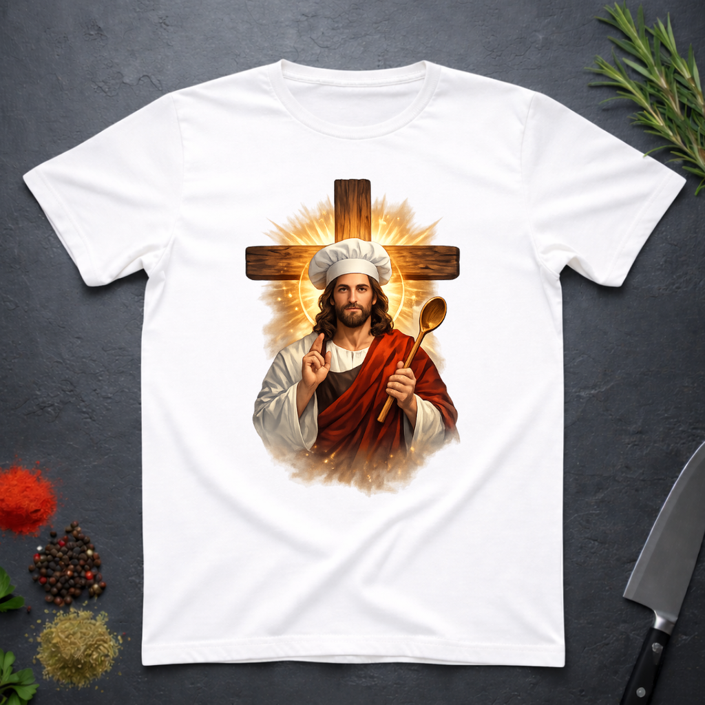 White t-shirt with a graphic of a chef Jesus holding a spoon and a cross on a dark surface.