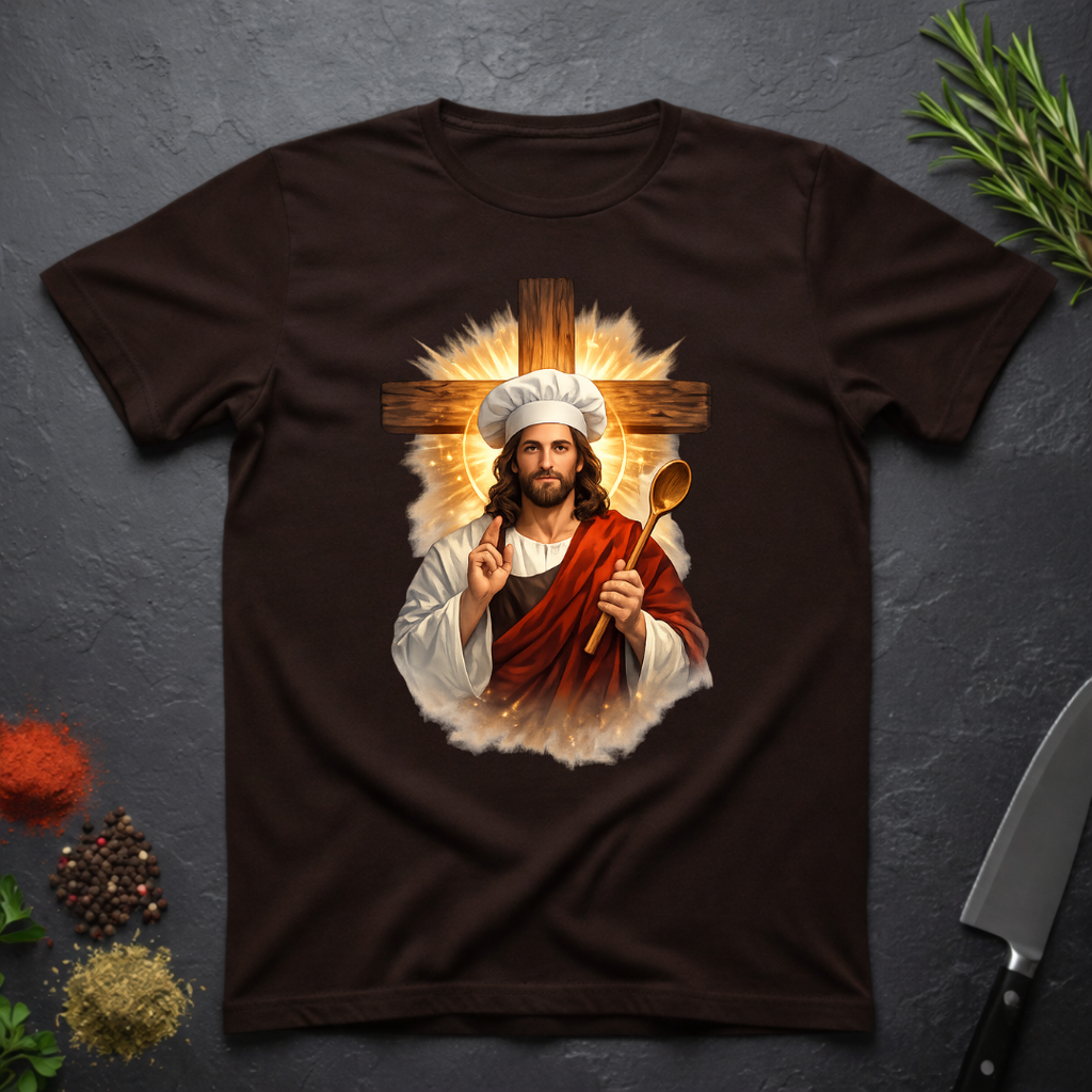 Chocolate Brown t-shirt with a graphic of a chef Jesus holding a cross and a spoon on a dark textured background.