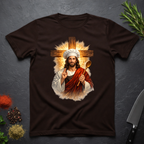 Chocolate Brown t-shirt with a graphic of a chef Jesus holding a cross and a spoon on a dark textured background.