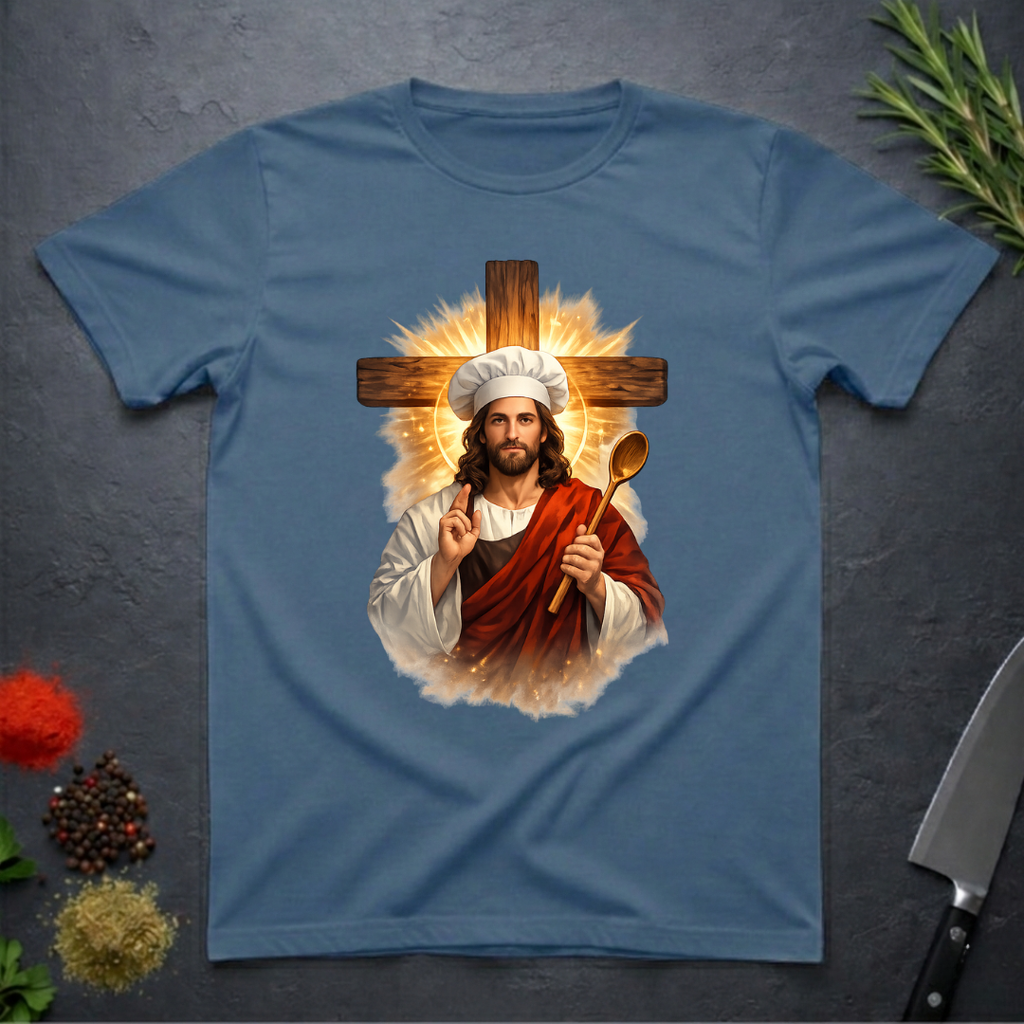 Indigo Blue t-shirt with a graphic of a chef Jesus holding a spoon and a cross on a dark surface.