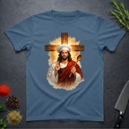 Indigo Blue t-shirt with a graphic of a chef Jesus holding a spoon and a cross on a dark surface.
