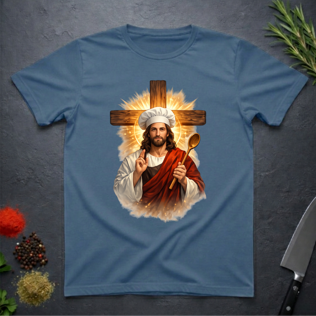 Indigo Blue t-shirt with a graphic of a chef Jesus holding a spoon and a cross on a dark surface.