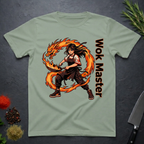 Sage green t-shirt with a fire dragon and chef design labeled 'Wok Master' on a dark surface.
