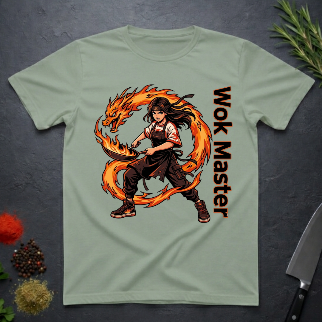 Sage green t-shirt with a fire dragon and chef design labeled 'Wok Master' on a dark surface.