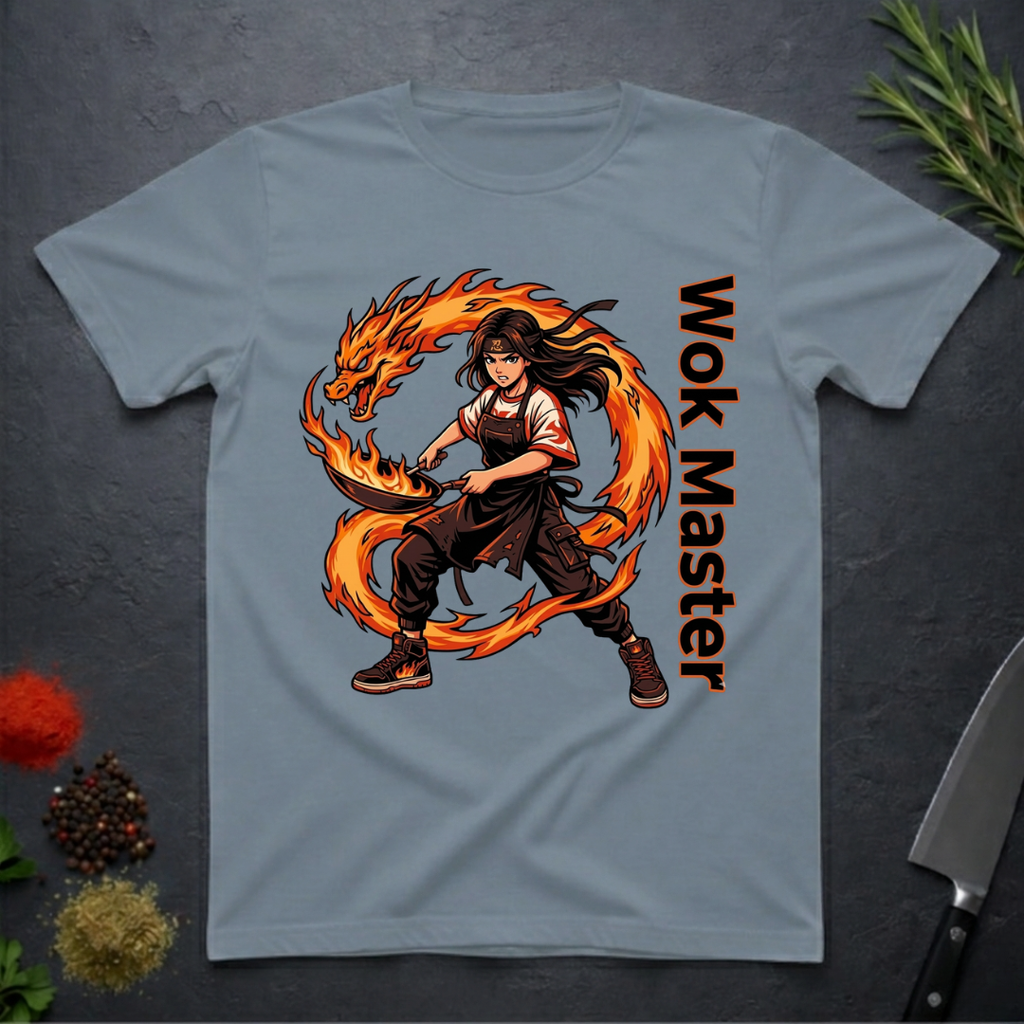 Stone Blue White t-shirt with a fire dragon and chef design labeled 'Wok Master' on a dark surface.