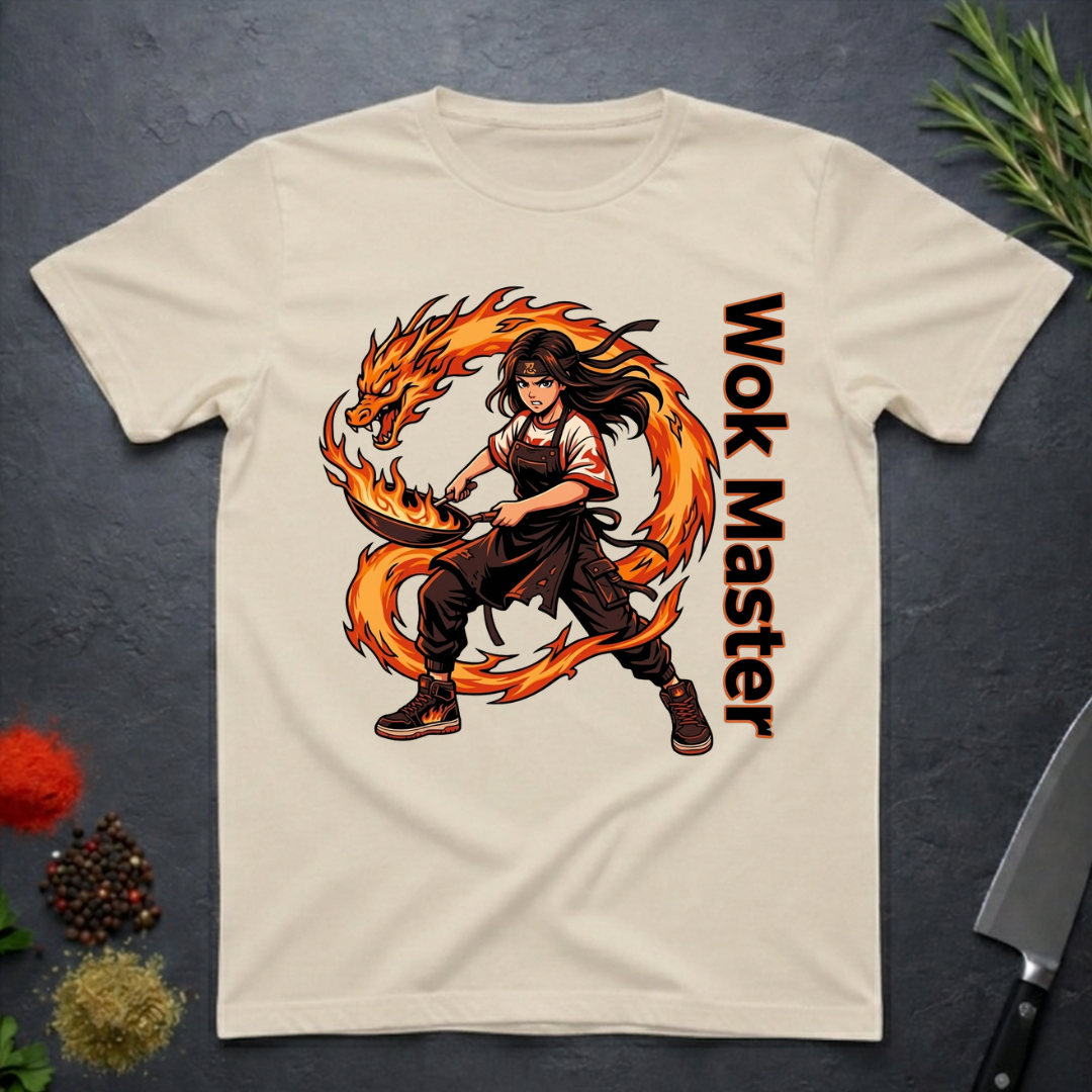 Sand colored t-shirt with a fire dragon and chef design labeled 'Wok Master' on a dark surface.