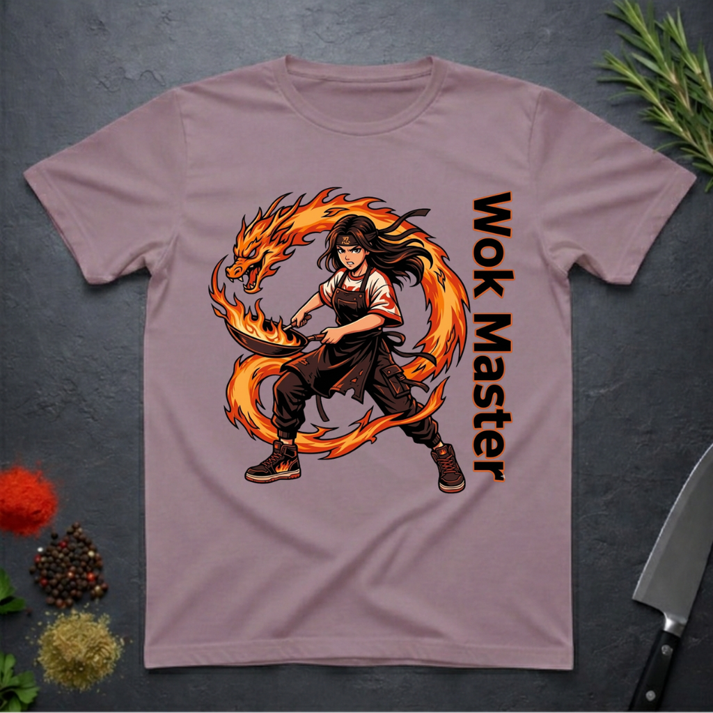 Paragon colored t-shirt with a fire dragon and chef design labeled 'Wok Master' on a dark surface.